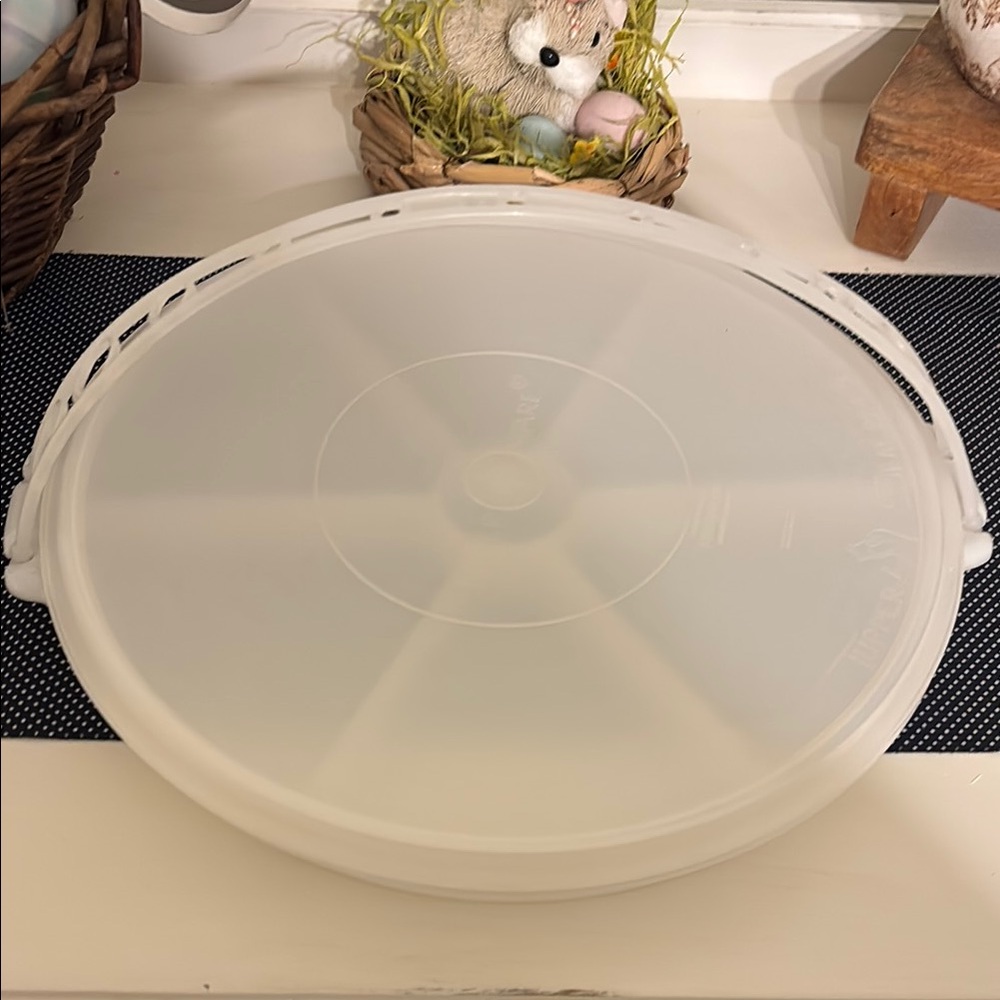 Vintage White tupperware divided party serving tray with lid and handle
